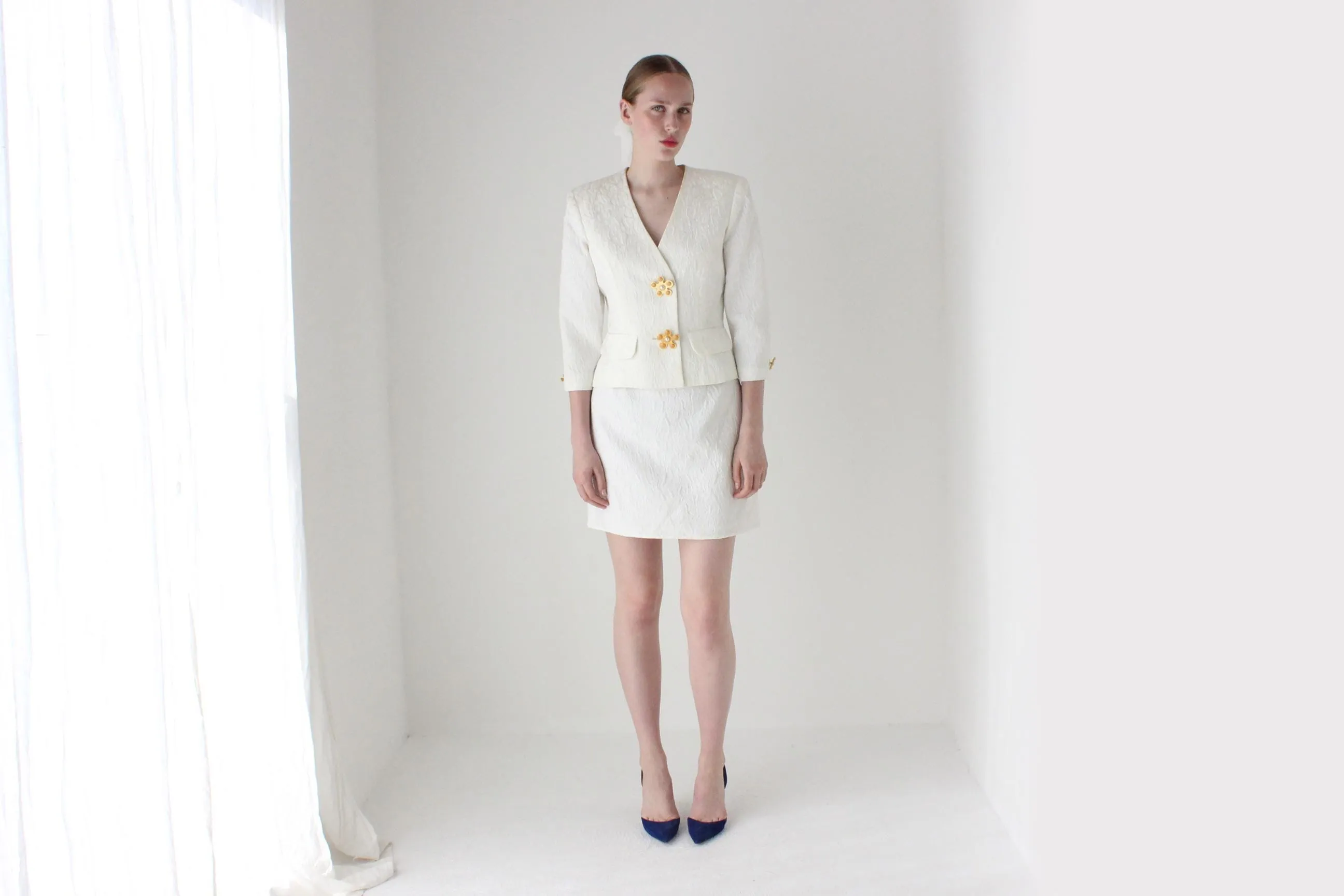 1990s Lisa Ho Bridal Mini Skirt Suit w/ Flower Blob Buttons