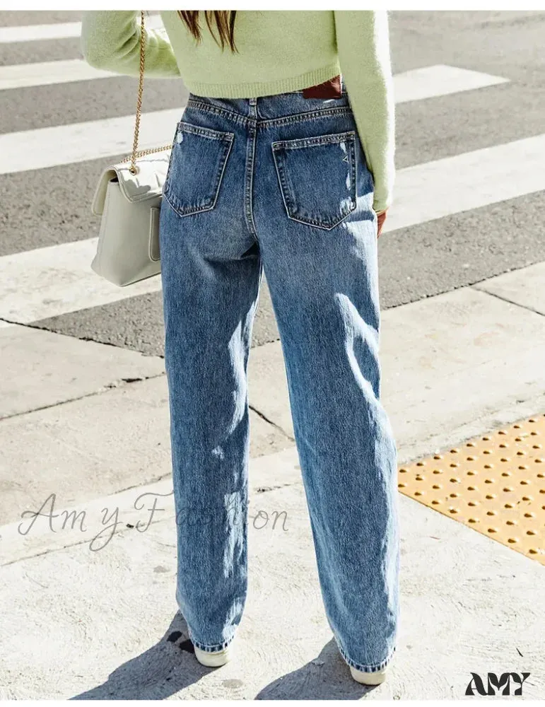 Amy Fashion - 2024 Stretch Women's Casual Ripped Wide Leg For Women Vintage High Waist Easymatch Straight Jean
