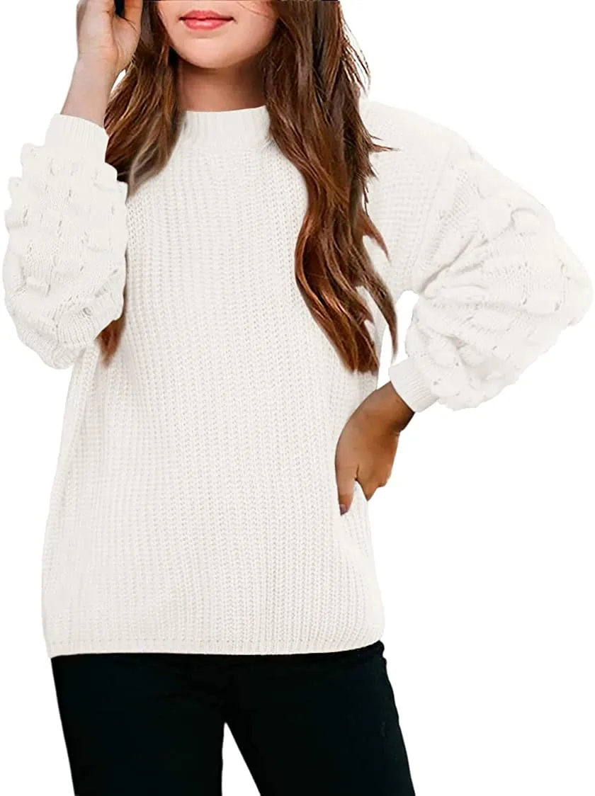 Arshiner Girls Crewneck Sweaters Chunky Lantern Sleeve Knit Jumper