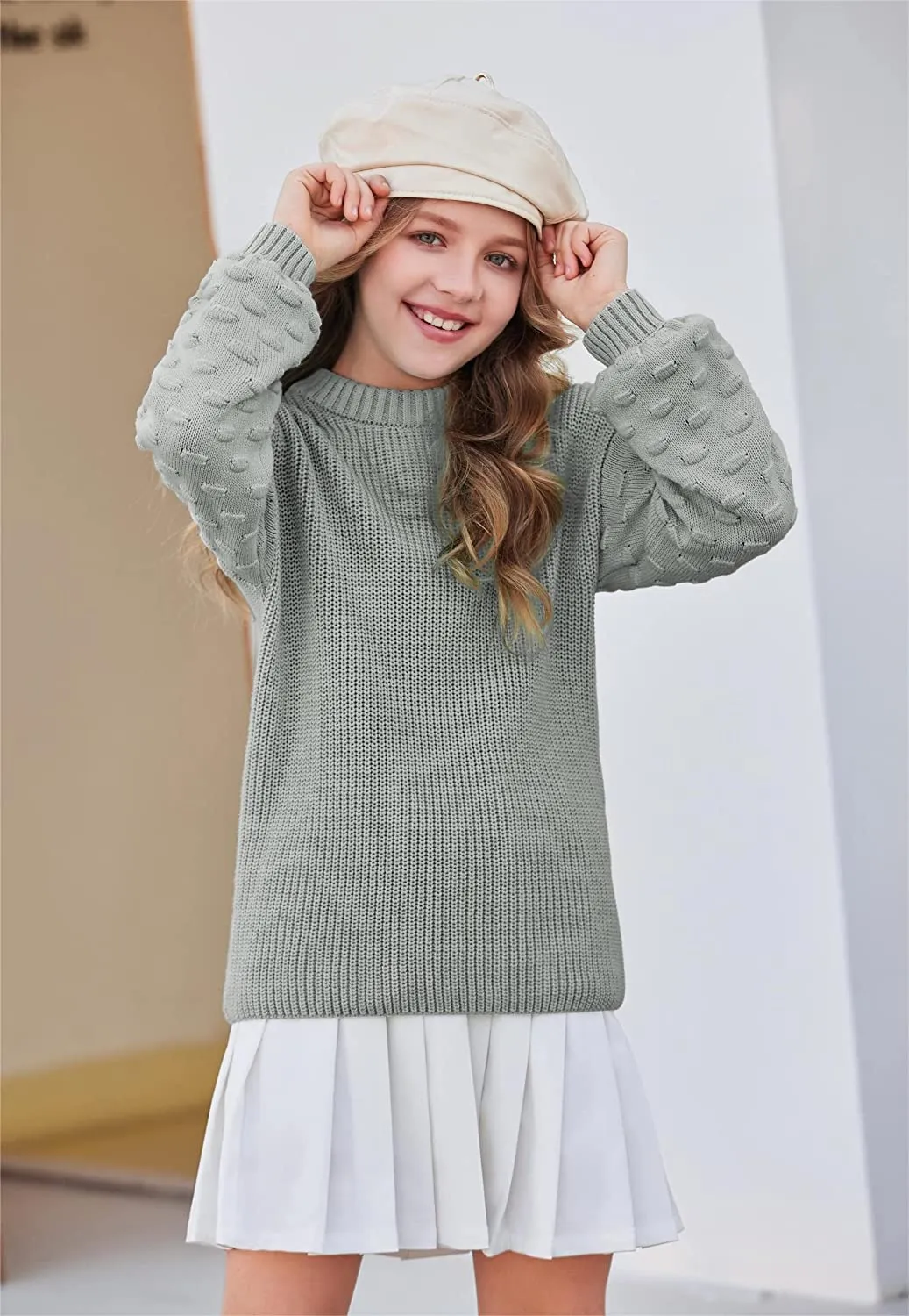 Arshiner Girls Crewneck Sweaters Chunky Lantern Sleeve Knit Jumper