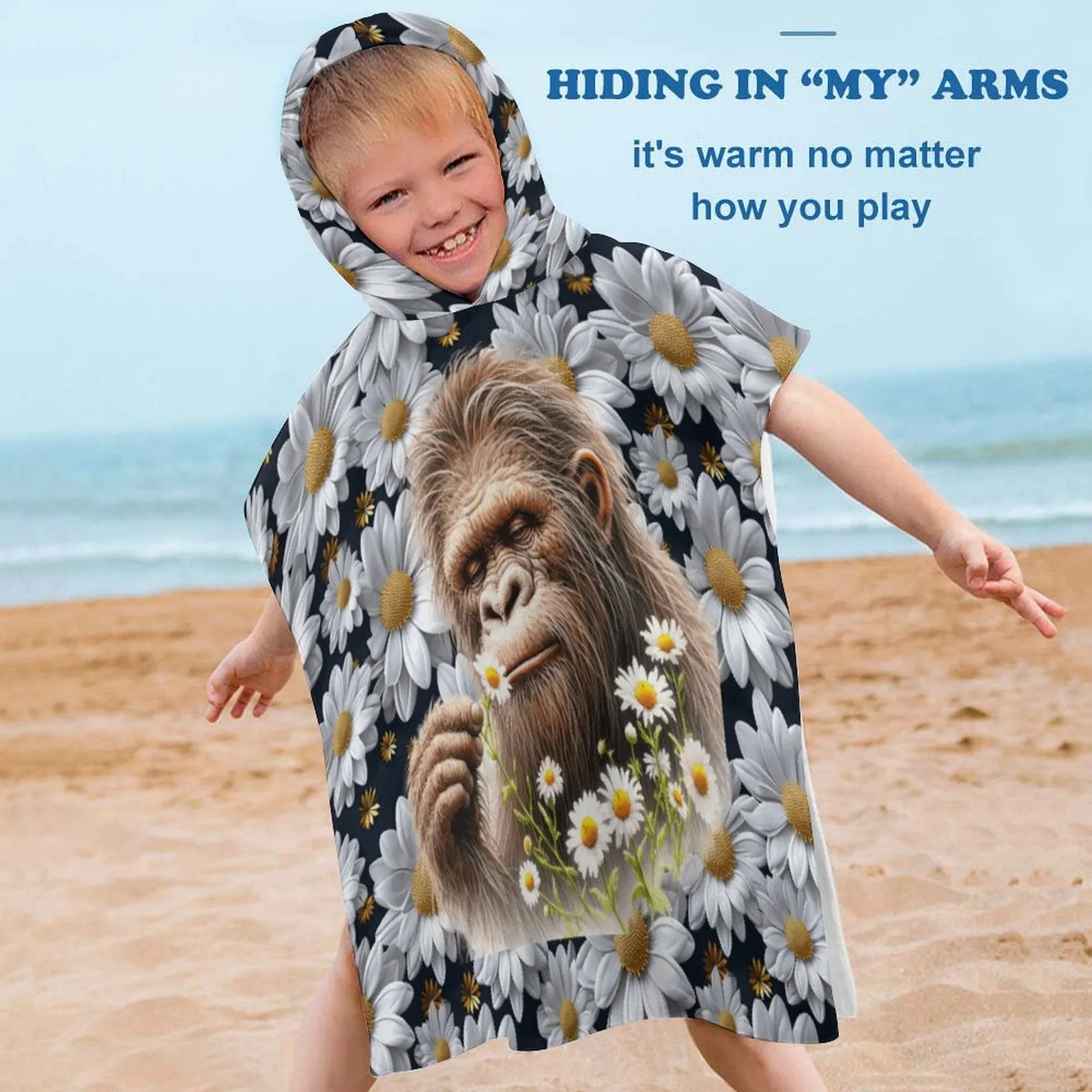 Bigfoot, Sasquatch, Daisies, Hooded Terry Cloth Pullover Towel for Kids, Children