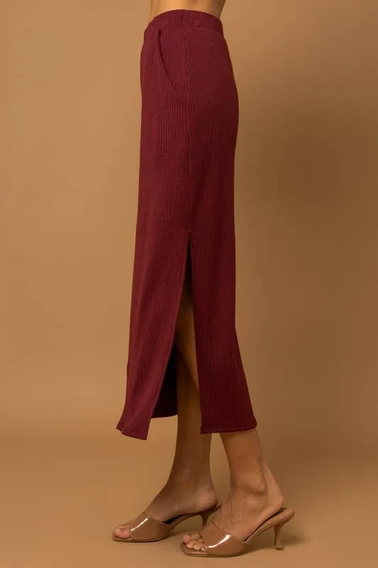 Burgundy Side Slit Rib Midi Skirt