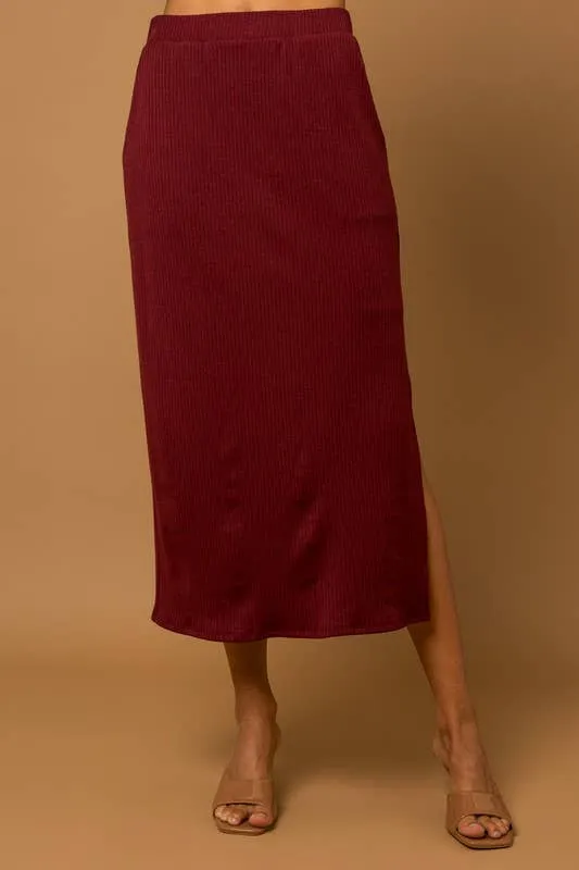 Burgundy Side Slit Rib Midi Skirt