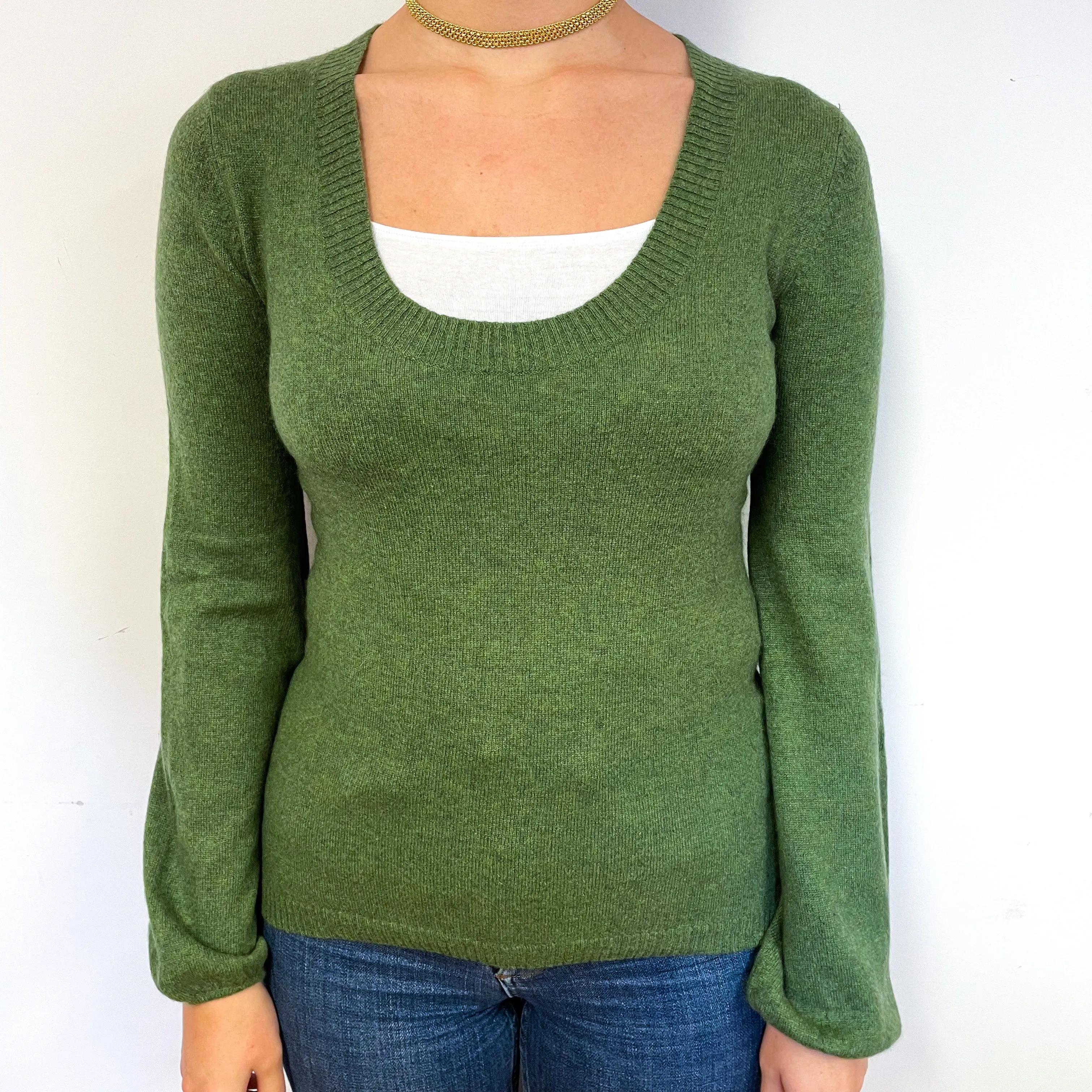 Fern Green Cashmere Low Scoop Neck Jumper Small