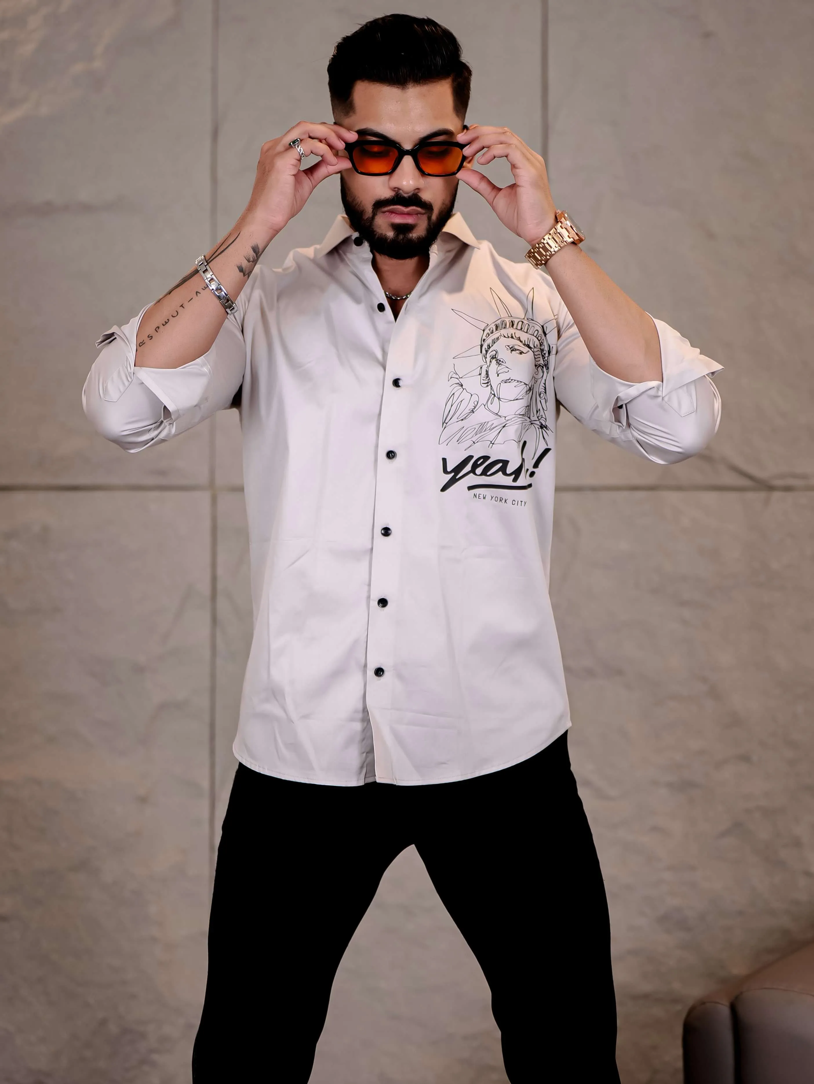 Grey Club Wear Statue of Liberty Printed Satin Cotton Shirt