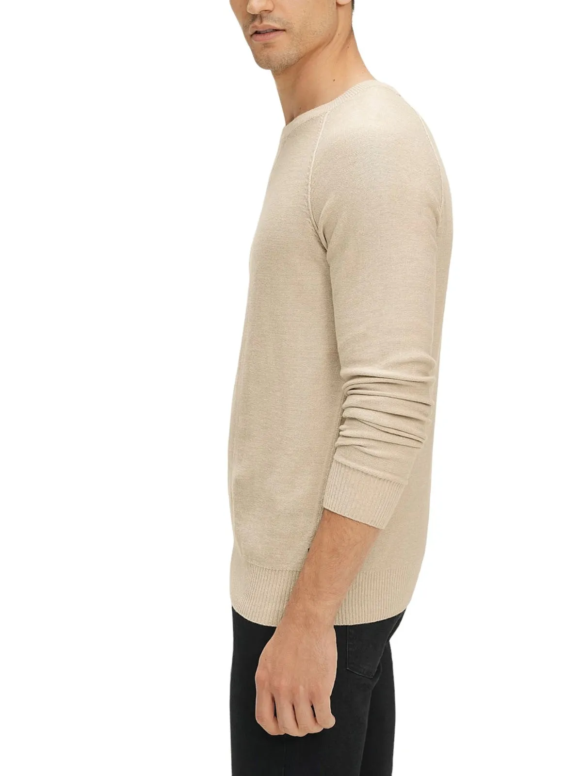 Mens Beige Crew Neck Deco Stitch Cotton Knit Big &Tall Jumper