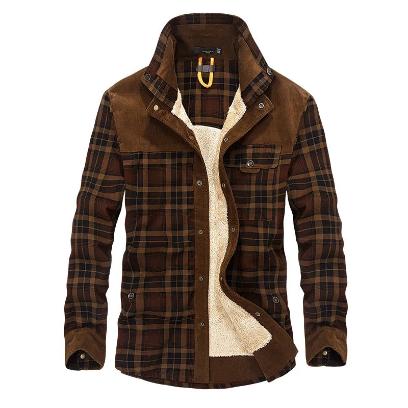 Men's plus velvet long-sleeved plaid shirt cotton warm casual cotton shirt