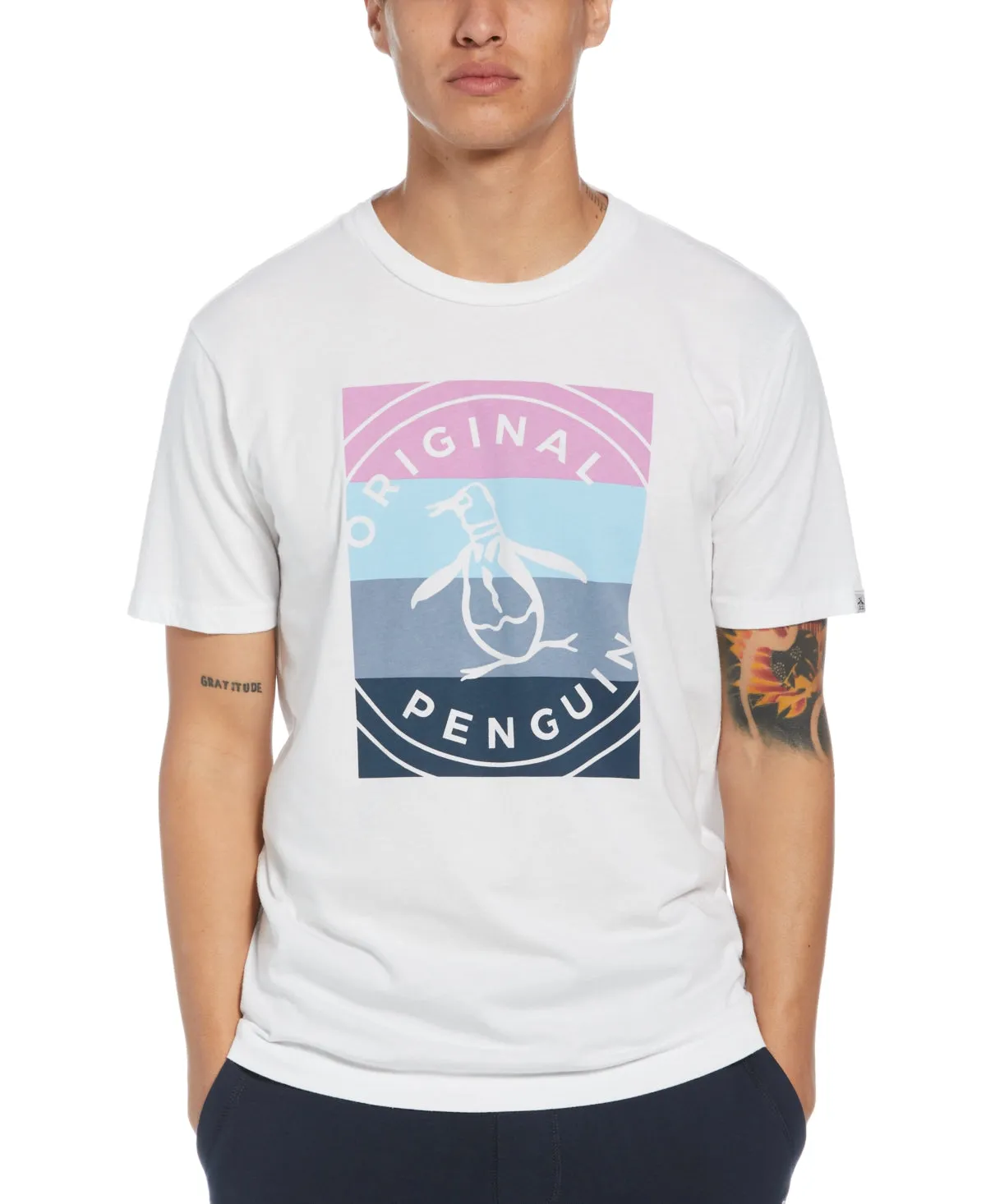 Original Penguin Men's Colorblocked Stamp Logo Graphic T-Shirt White Size X-Large