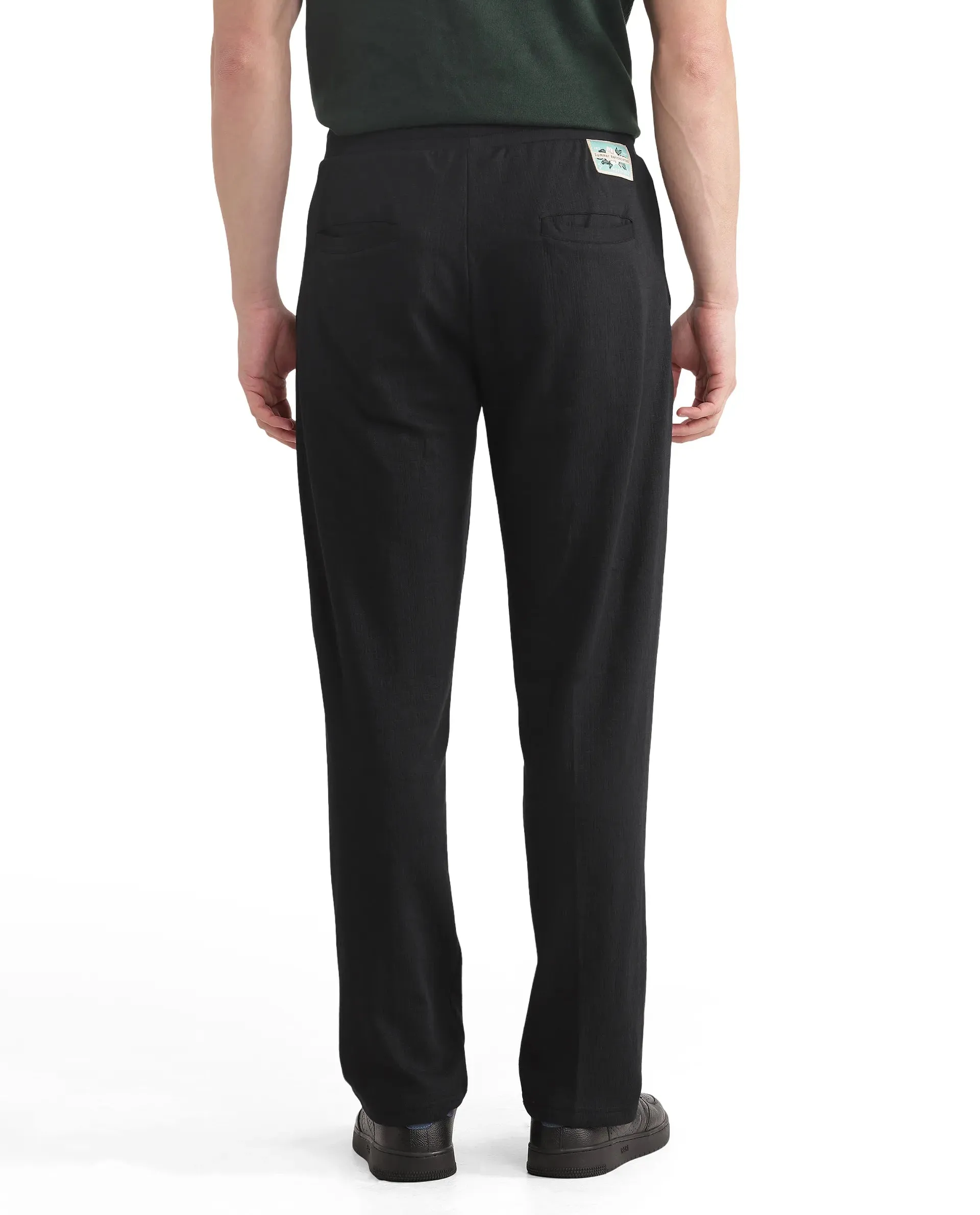Rare Rabbit Men Kelo Black Cotton Elastane Fabric Pintuck Detail Regular Fit Plain Trouser